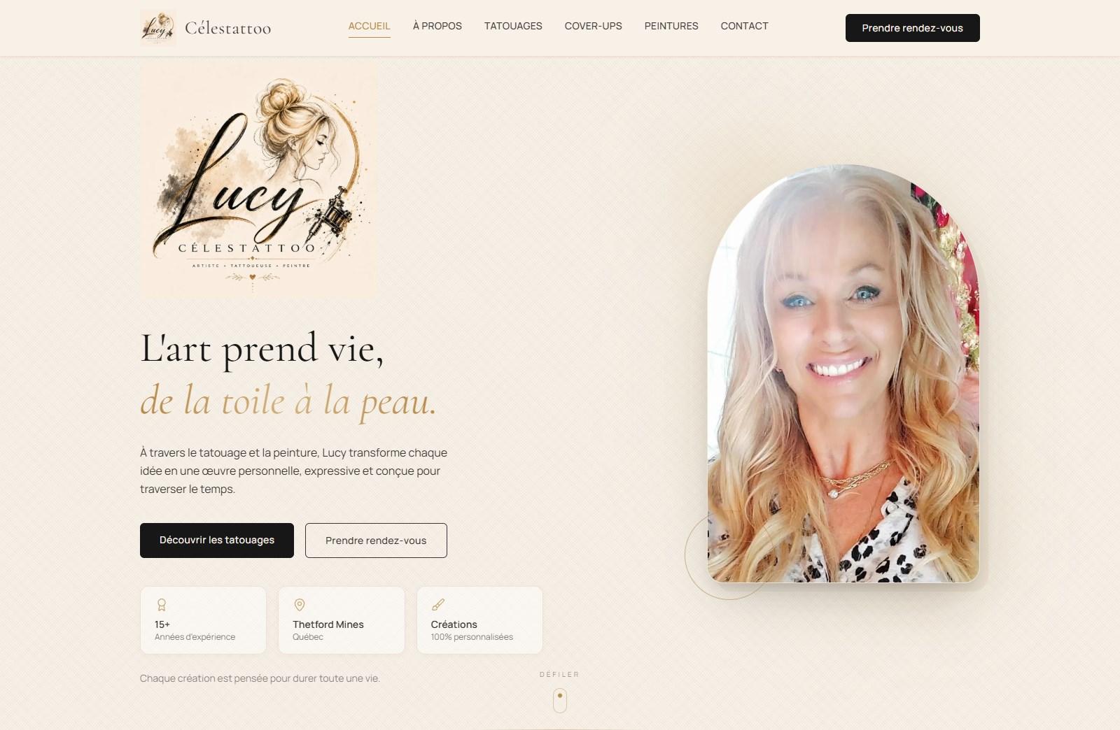 Page d'accueil du site Célestattoo — logo, titre et portrait de Lucy Dubois