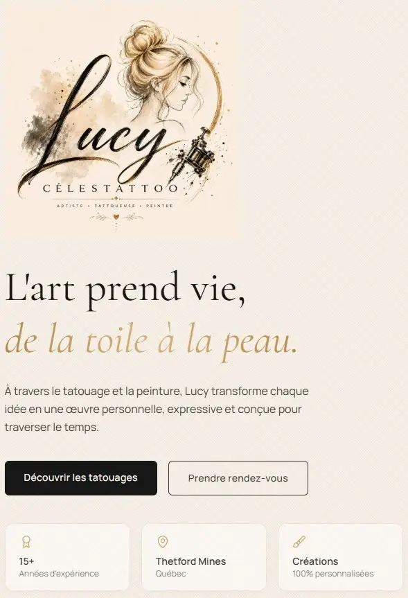 Page d'accueil du site Célestattoo, affichée en version mobile — logo, titre et statistiques